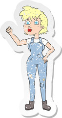 retro distressed sticker of a cartoon confident farmer woman
