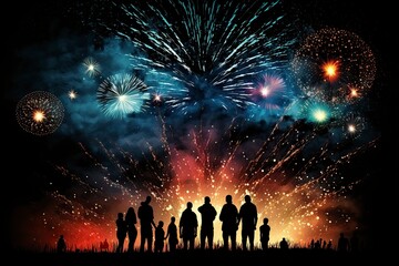 Fototapeta na wymiar illustration, a fireworks display inside a big festival, ai generative