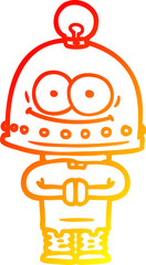 warm gradient line drawing happy carton robot with light bulb