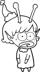 line drawing of a shocked alien girl wearing santa hat