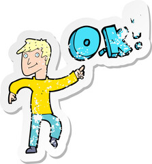 retro distressed sticker of a cartoon man thinking OK