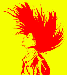 Girl with long hair. The drawn girl closed her eyes on a yellow background.