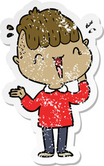 distressed sticker of a cartoon happy boy surprised