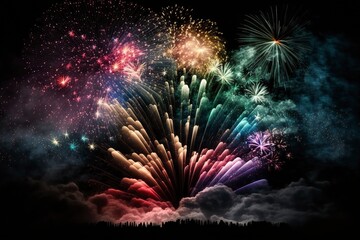 illustration, a fireworks display inside a big festival, ai generative