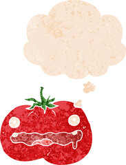 cartoon tomato and thought bubble in retro textured style