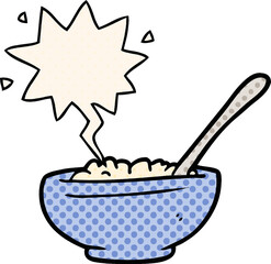 cartoon bowl of rice and speech bubble in comic book style