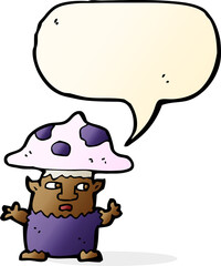 cartoon little mushroom man with speech bubble