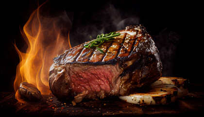 Juicy grilled steak with blood, on a dark platter. - obrazy, fototapety, plakaty