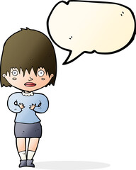cartoon woman making Who Me? gesture with speech bubble