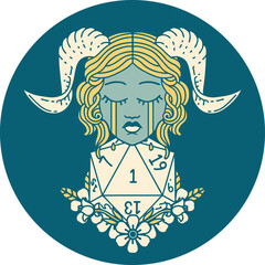 crying tiefling with natural one D20 dice roll icon