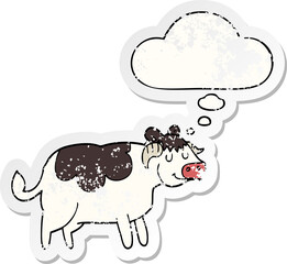 cartoon cow and thought bubble as a distressed worn sticker