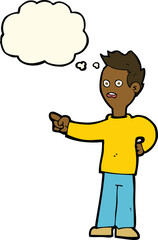 cartoon shocked boy pointing with thought bubble