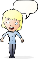 cartoon woman shrugging shoulders with speech bubble