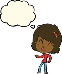 cartoon happy woman pointing with thought bubble