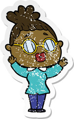 distressed sticker of a cartoon woman wearing spectacles