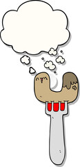 cartoon sausage on fork and thought bubble as a printed sticker