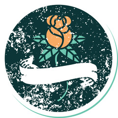 distressed sticker tattoo style icon of a rose and banner