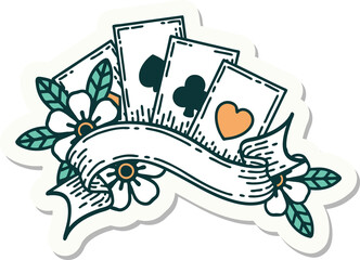 tattoo style sticker of cards and banner