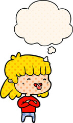 cartoon girl sticking out tongue and thought bubble in comic book style