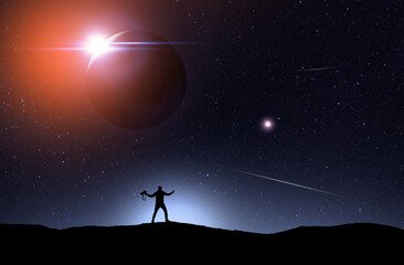 Fantasy landscape,  silhouette of a hiker standing on the full moon background.