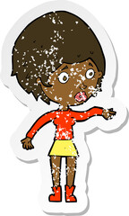 retro distressed sticker of a cartoon concerned woman reaching out