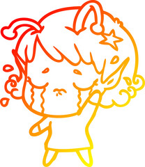 warm gradient line drawing cartoon crying alien girl