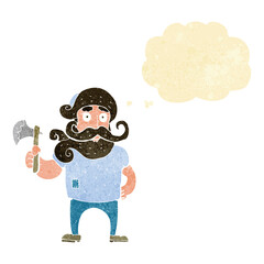 cartoon lumberjack with axe with thought bubble
