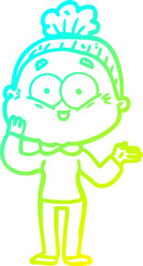 cold gradient line drawing cartoon happy old woman