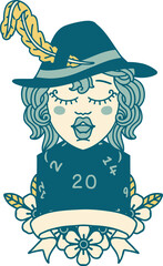 human bard character with natural 20 dice roll illustration