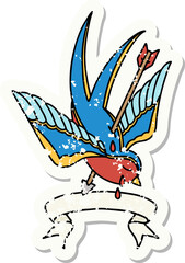 grunge sticker with banner of a swallow pierced by arrow