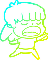 cold gradient line drawing cartoon woman talking loudly