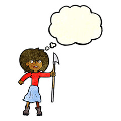 cartoon woman with harpoon with thought bubble