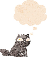 cartoon cat and thought bubble in retro textured style