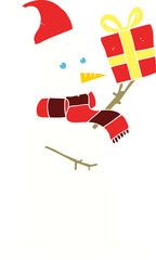 flat color illustration of a cartoon snowman holding present