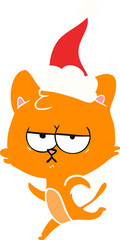 bored flat color illustration of a cat wearing santa hat