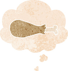 cartoon chicken leg and thought bubble in retro textured style