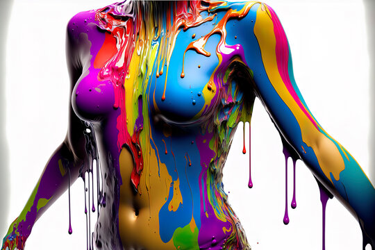 dripping colorful paint across the shape of an androgynous body on a white background