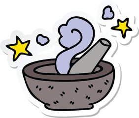 sticker of a quirky hand drawn cartoon magic pestle and mortar