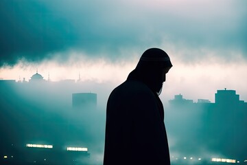 Fototapeta premium Muslim praying in a mystical environment, silhouette photo, no face visible, generative ai, color grading, islam religion concept photo