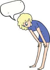 cartoon woman looking at her feet with speech bubble