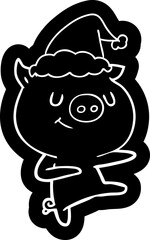 happy cartoon icon of a pig dancing wearing santa hat