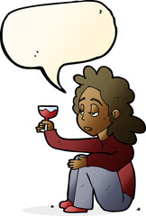 cartoon unhappy woman with glass of wine with speech bubble