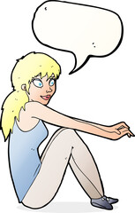 cartoon happy woman sitting with speech bubble