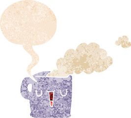 cartoon hot cup of coffee and speech bubble in retro textured style