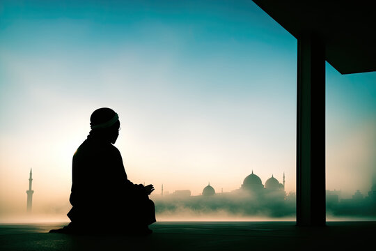 Muslim praying in a mystical environment, silhouette photo, no face visible, generative ai, color grading, islam religion concept photo