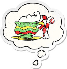 cartoon christmas cocoa and thought bubble as a distressed worn sticker