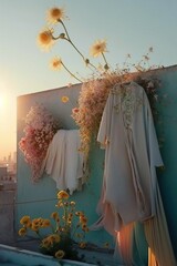 Abstract retro romantic atmosphere, vintage, rustic huge bouquet of fresh flowers. Vintage Spring soft pastel color. Sharp shadows from the sun rays. Generative AI.