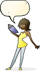 cartoon woman reading book with speech bubble