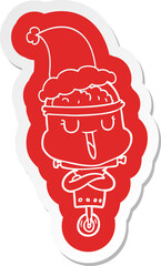 happy cartoon  sticker of a robot wearing santa hat