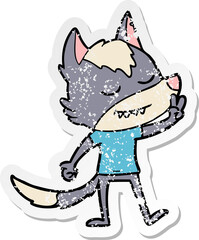 distressed sticker of a friendly cartoon wolf making peace sign